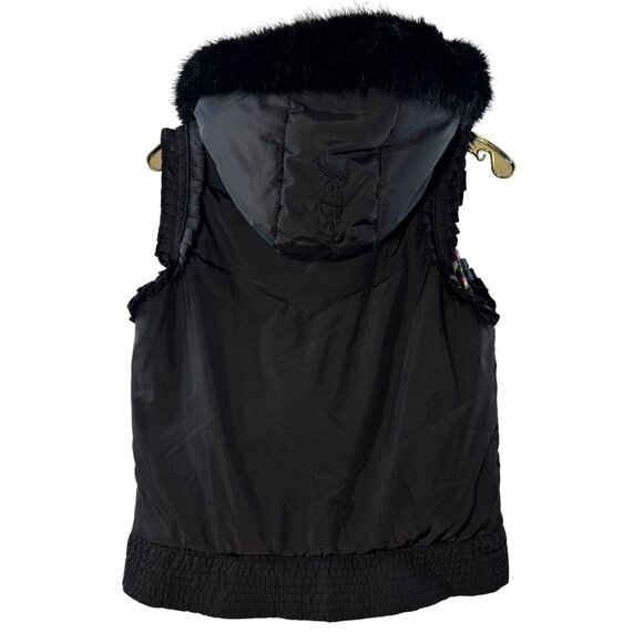 Betsey Johnson Black Hooded Vest W/ Faux Fur Trim & Floral Lining Size S - Picture 4 of 12